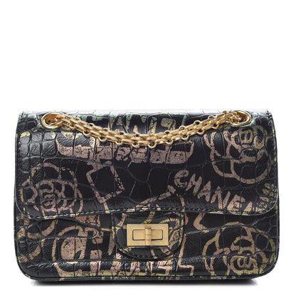 Chanel Calfskin Crocodile Embossed Graffiti 2.55 Mini Cocodile Reissue Flap Black Gold 1 of 12