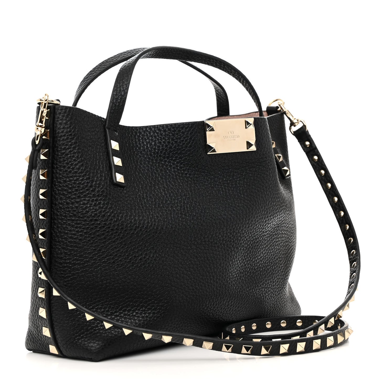 Grained Calfskin Small Rockstud Flip Lock Tote Black Rose Quartz