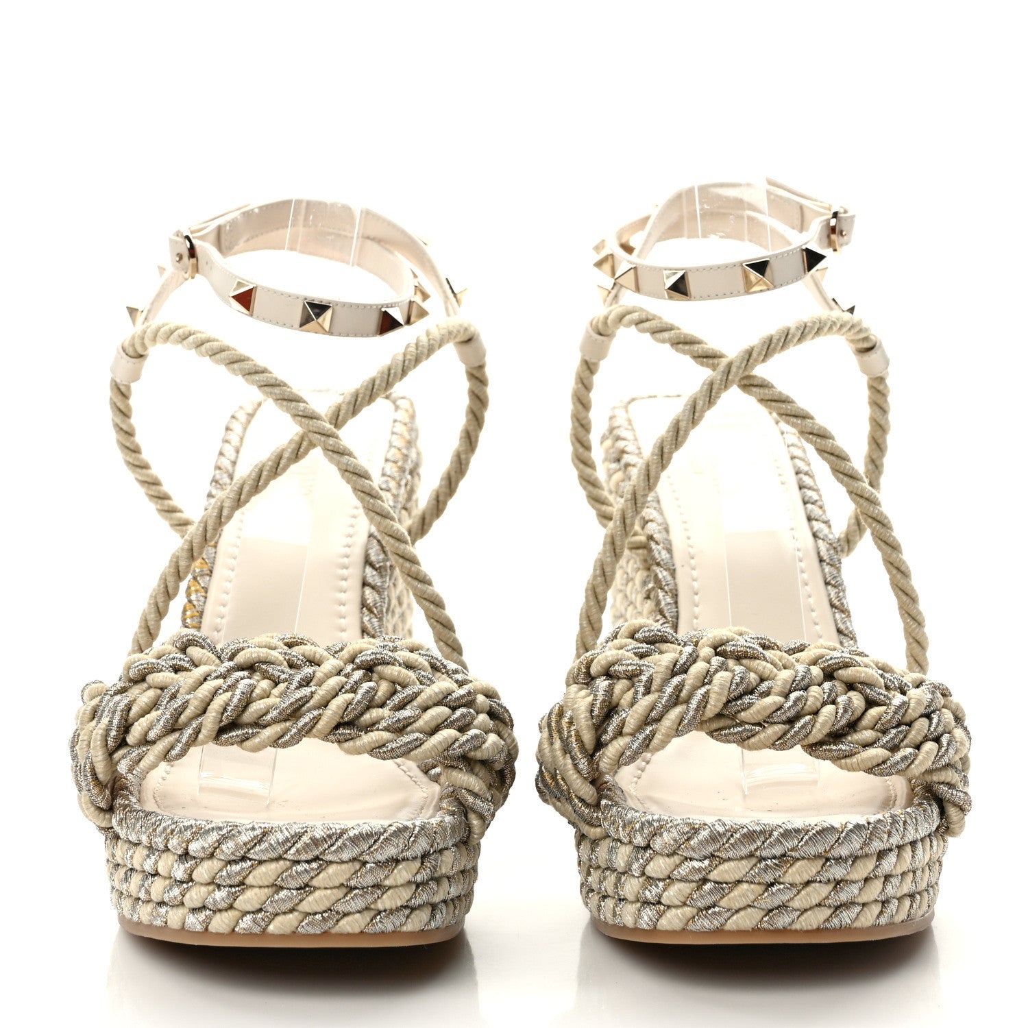 Valentino Garavani Braided Cotton Calfskin Rockstud Torchon Espadrille Wedge Sandals 41 Light Ivory 2 of 7