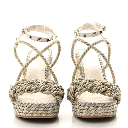 Valentino Garavani Braided Cotton Calfskin Rockstud Torchon Espadrille Wedge Sandals 41 Light Ivory 2 of 7