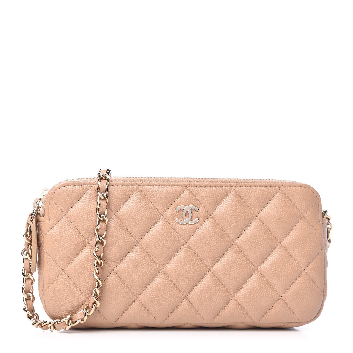 Caviar Quilted Small Clutch With Chain Beige