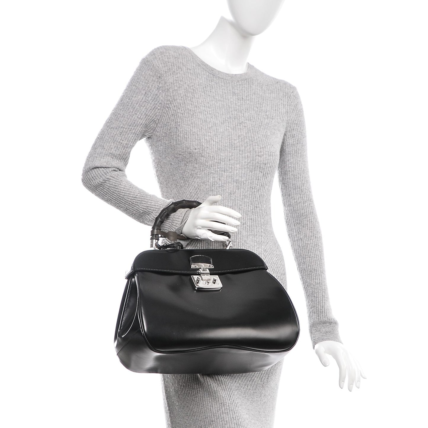 Regent Calfskin Bamboo Large Lady Lock Top Handle Bag Black