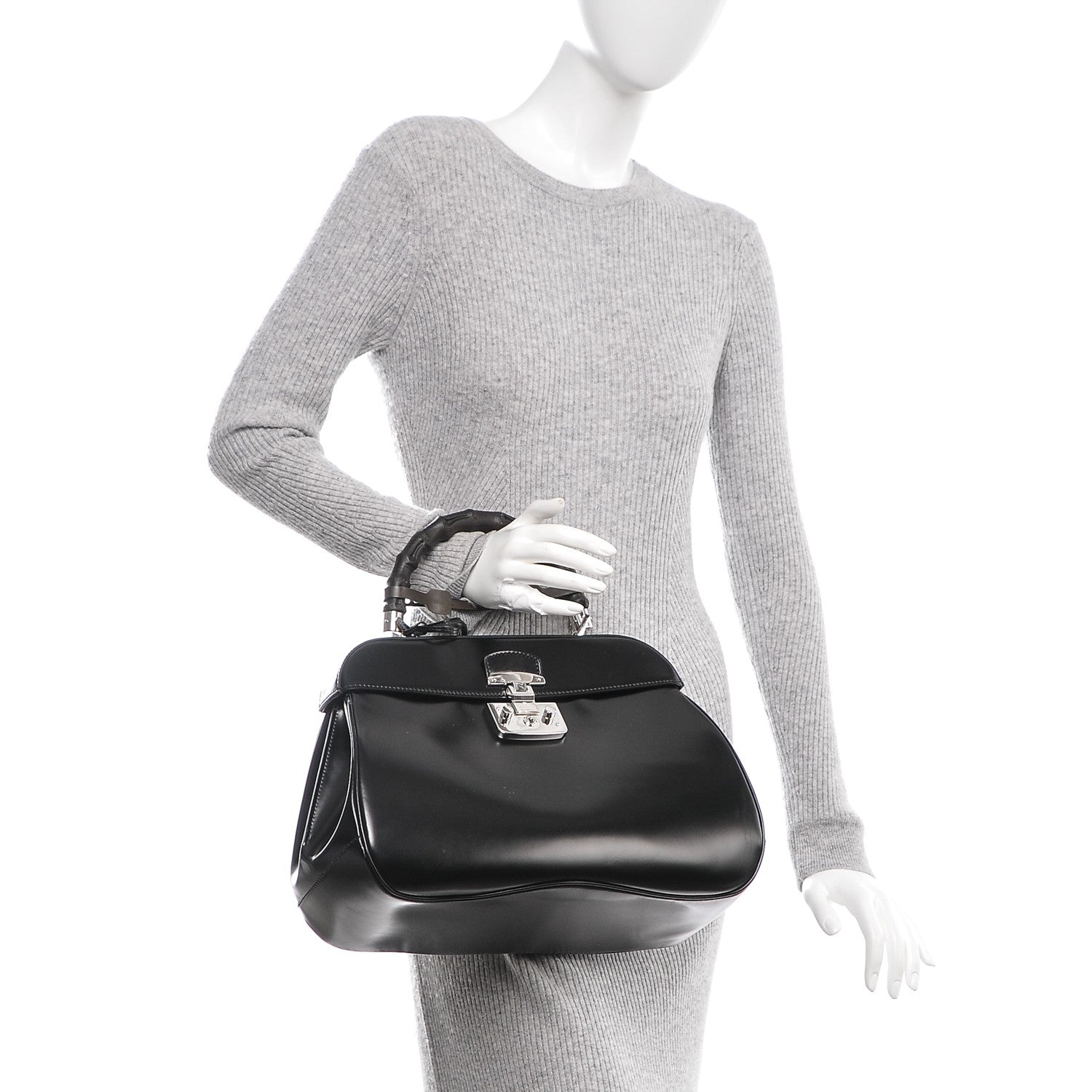 Gucci Regent Calfskin Bamboo Large Lady Lock Top Handle Bag Black 2 of 8