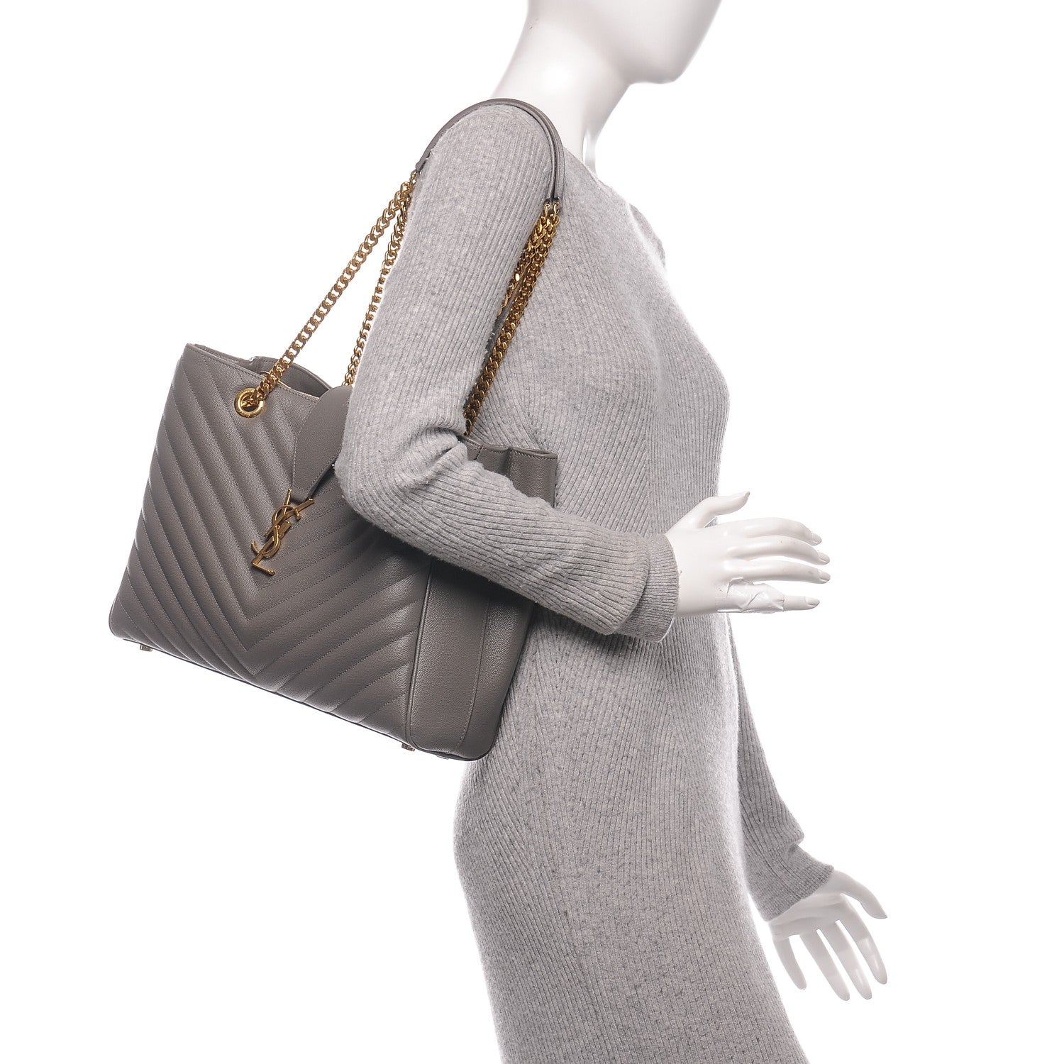 Saint Laurent Grain De Poudre Matelasse Chevron Monogram Shopping Bag Fog 2 of 6