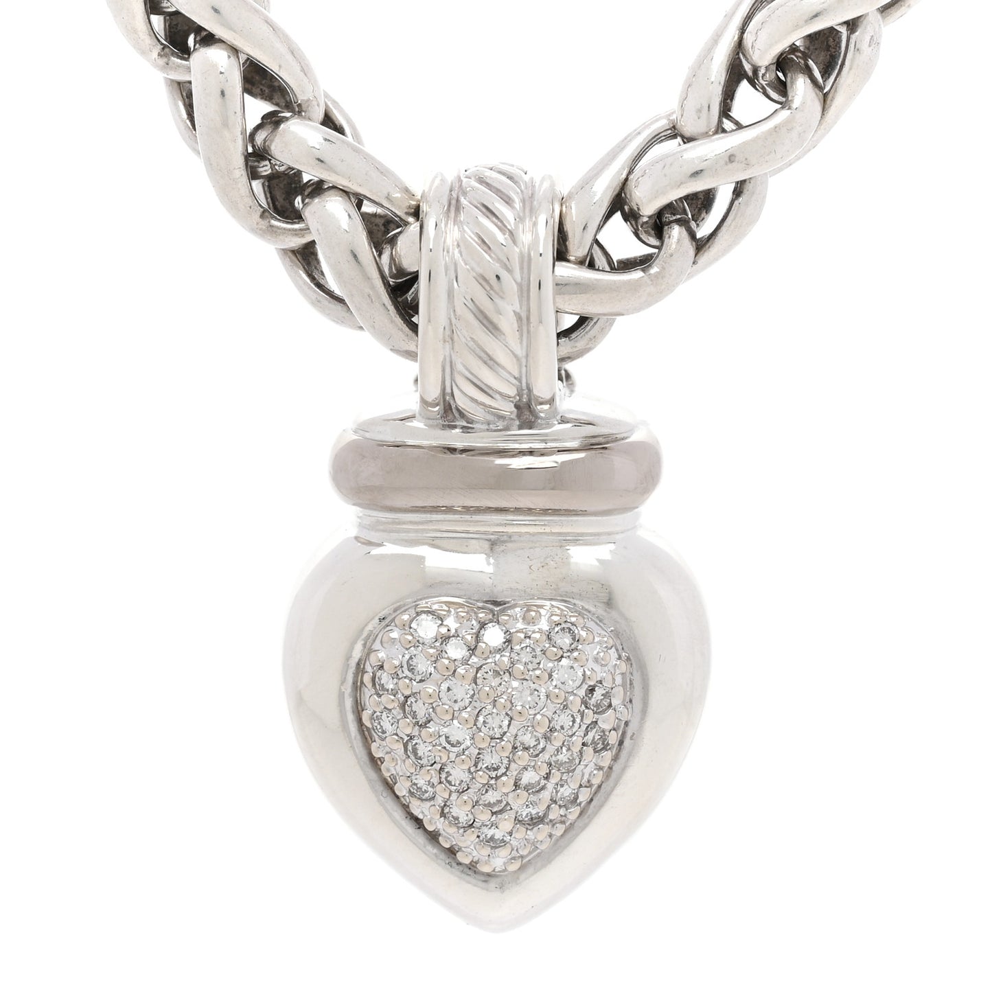 Sterling Silver Pave Diamond Heart Enhancer Pendant 6mm Wheat Chain Necklace