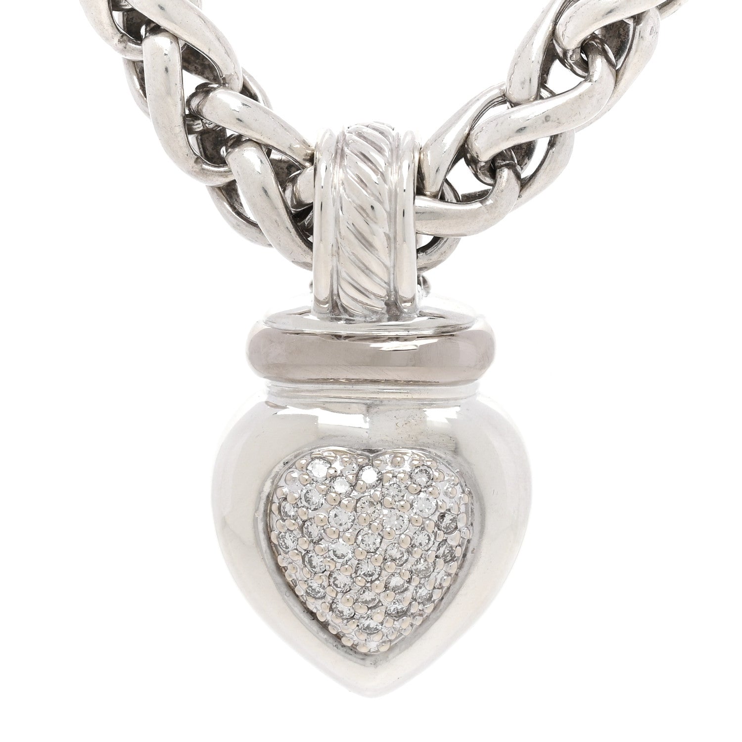 David Yurman Sterling Silver Pave Diamond Heart Enhancer Pendant 6mm Wheat Chain Necklace 3 of 5