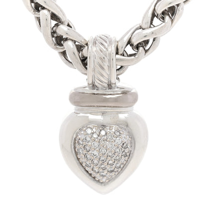 David Yurman Sterling Silver Pave Diamond Heart Enhancer Pendant 6mm Wheat Chain Necklace 3 of 5