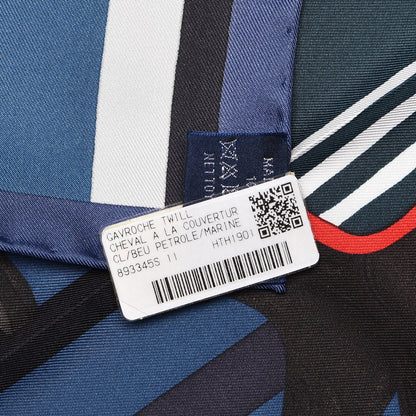 Hermes Silk Cheval A La Couveture Pocket Square Bleu Petrole Marine 3 of 6