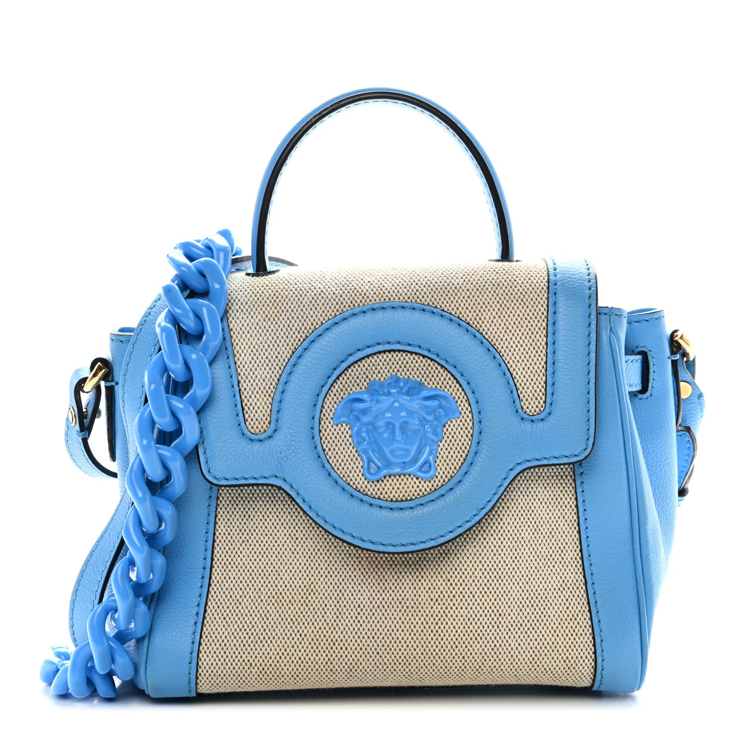 Versace Grained Calfskin Canvas Small La Medusa Chain Top Handle Handbag Rope Blue 1 of 10
