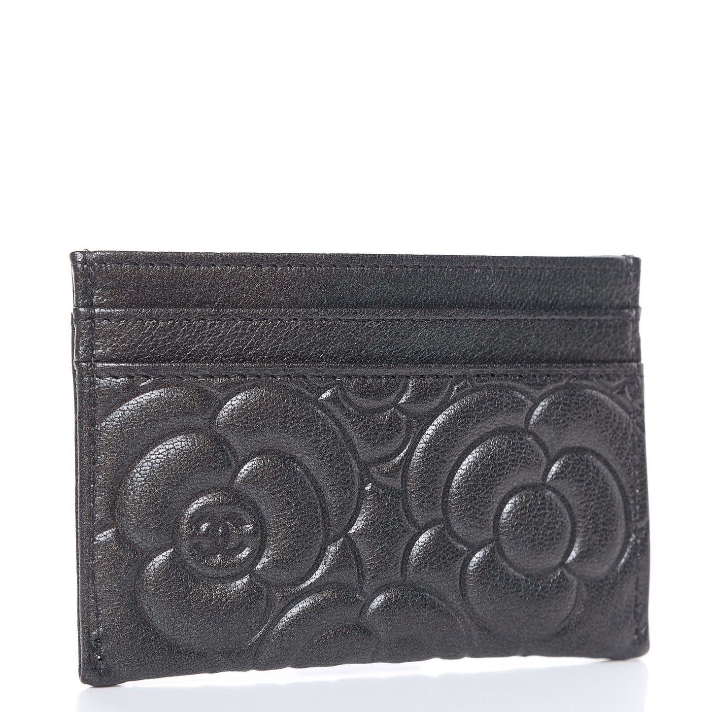Goatskin Camellia Embossed Card Holder Grey