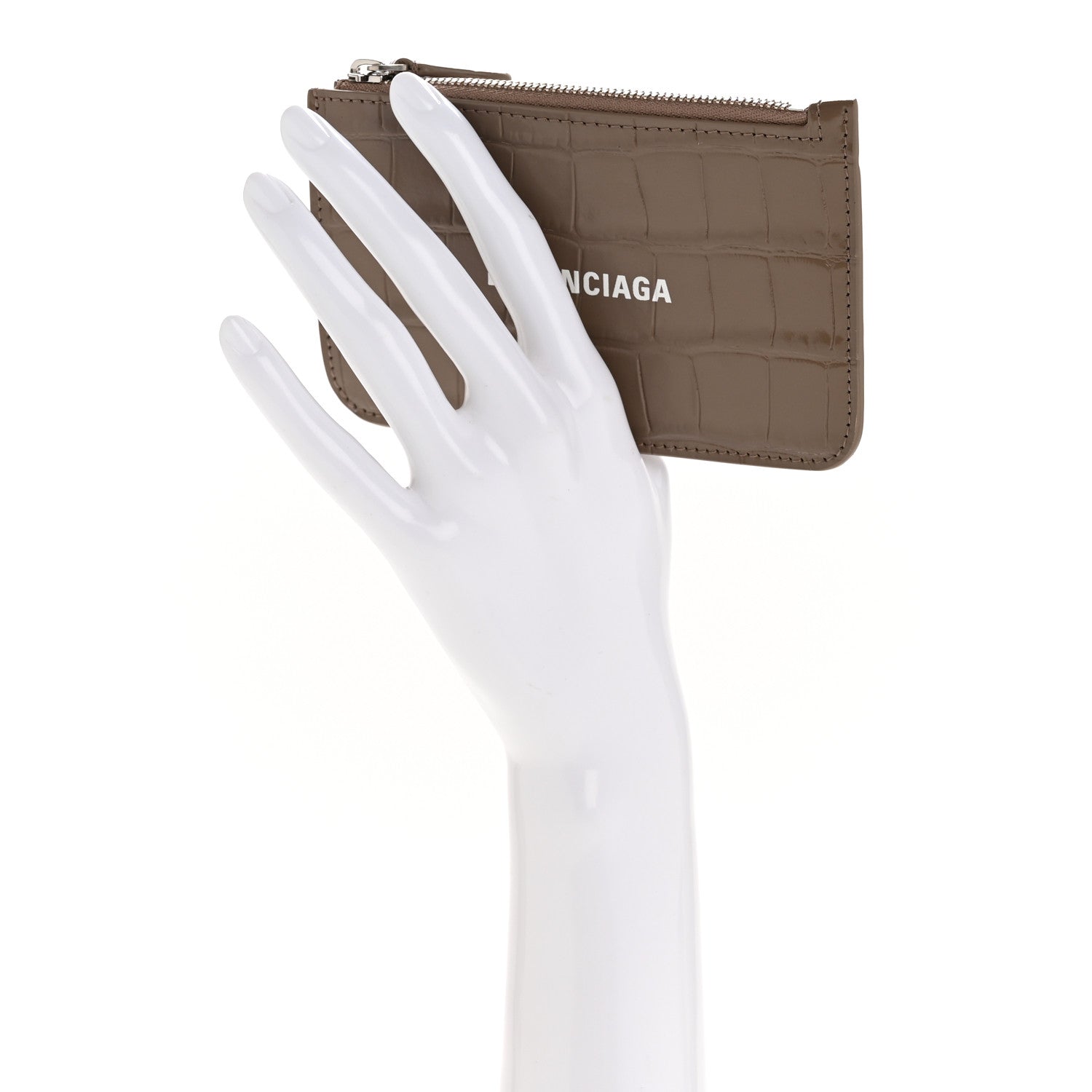 Balenciaga Shiny Calfskin Logo Crocodile Embossed Large Cash Long Coin Card Holder Mink Grey White 2 of 7