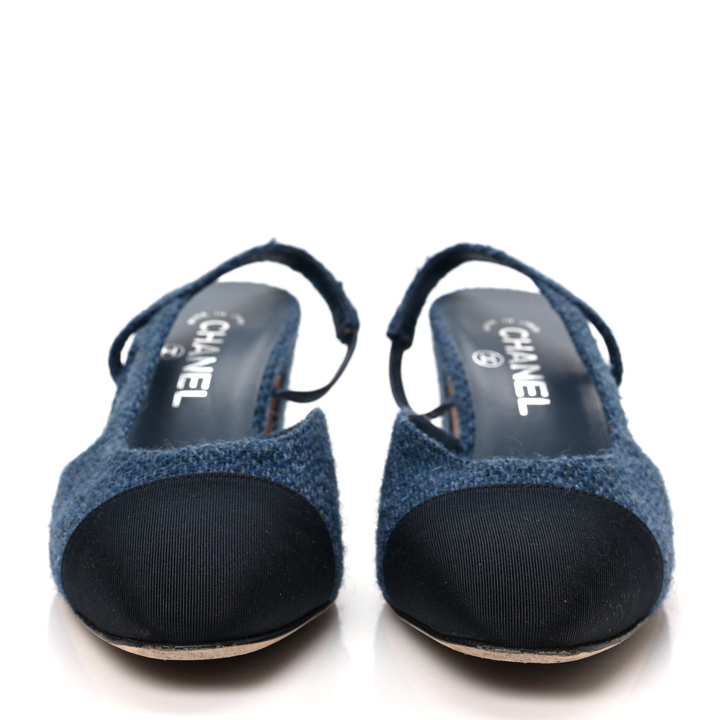 Tweed Grosgrain Cap Toe CC Slingback Pumps 38.5 Blue Black