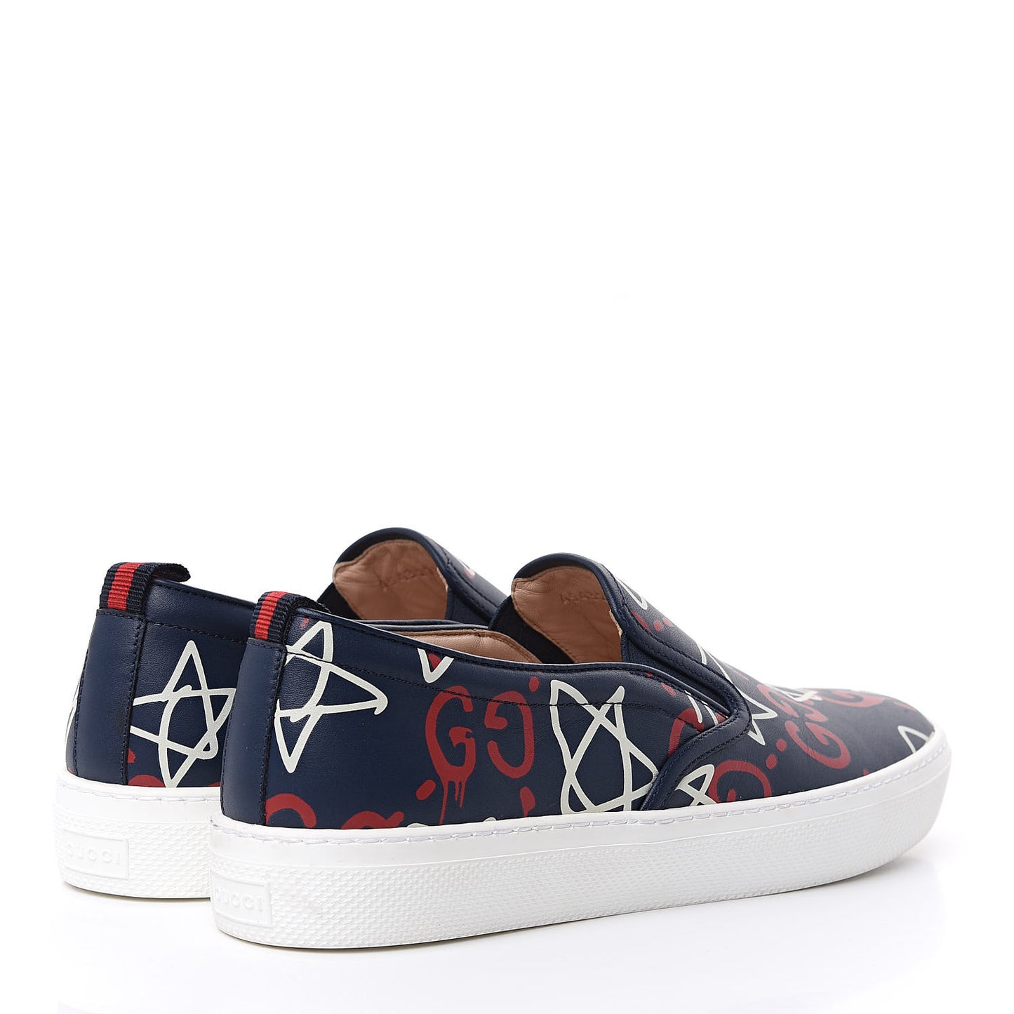 Calfskin GucciGhost Print Womens Slip On Sneakers 41 Blue Agata Hibiscus Red