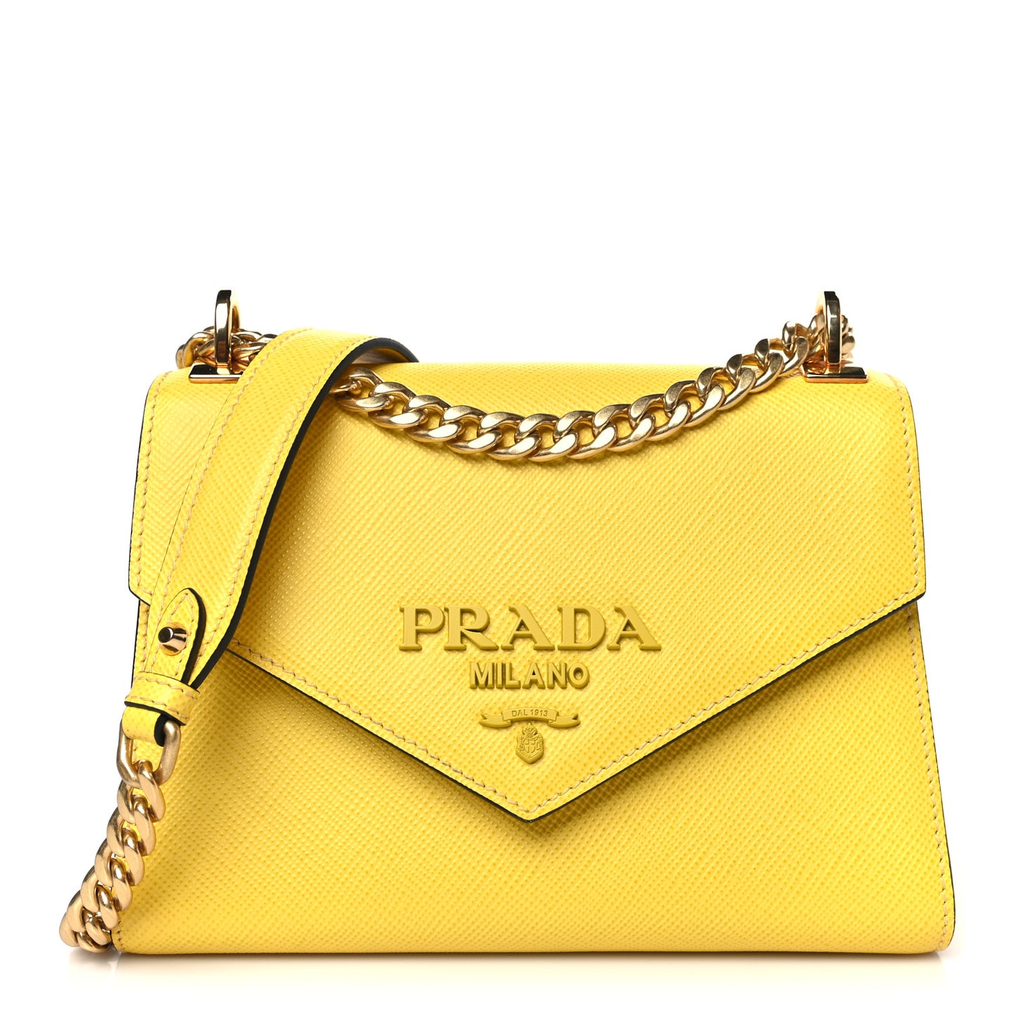 Saffiano Cuir Calfskin Monochrome Envelope Flap Chain Shoulder Bag Sole