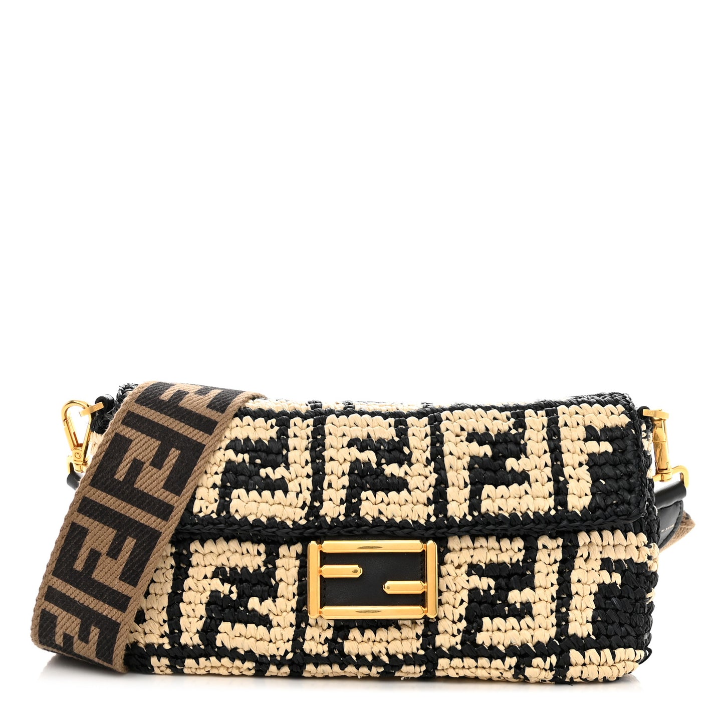Raffia Vitello Dolce FF 1974 Crochet Baguette Black Natural