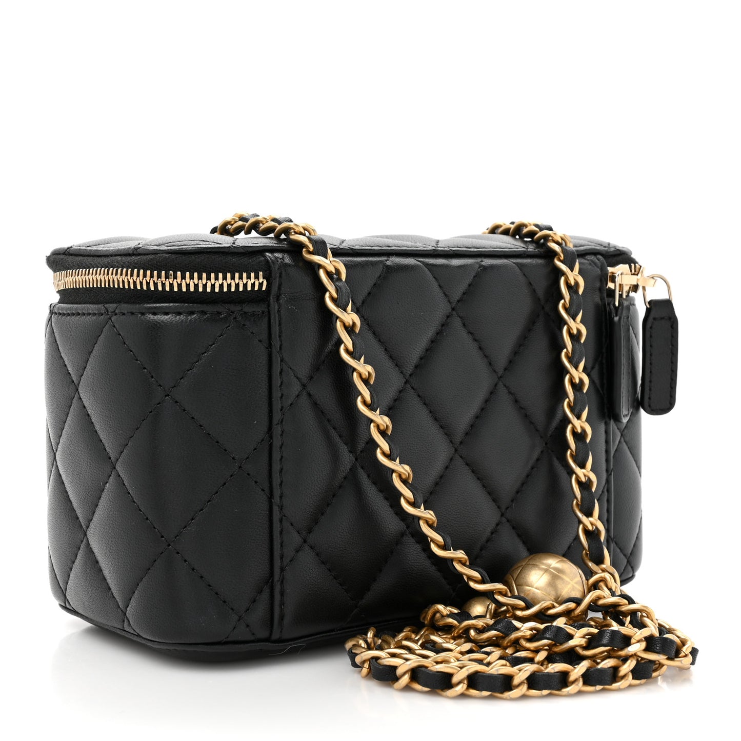 Lambskin Quilted Pearl Crush Small Vanity Case With Chain Black