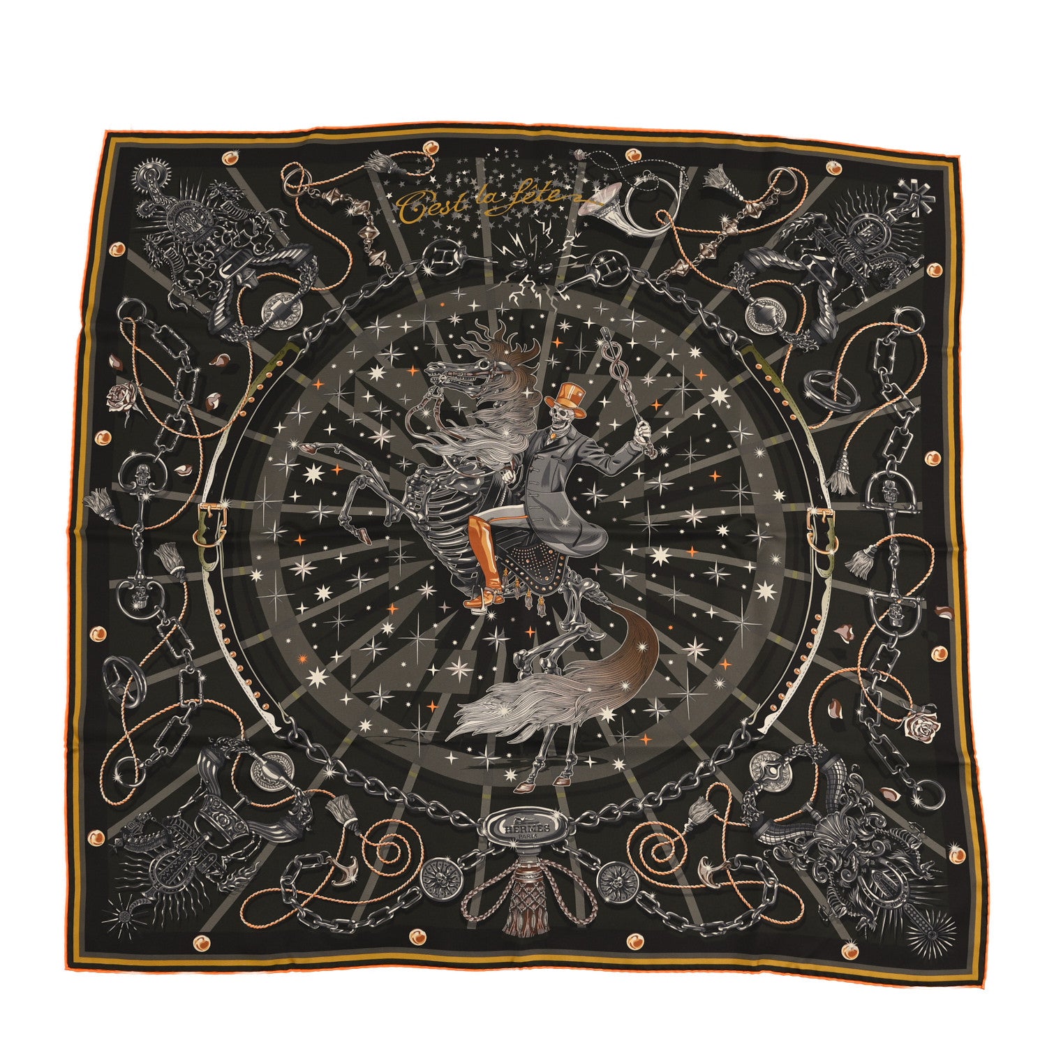 Hermes Silk C'est La Fete Scarf 90 Kaki Anthracite Gris 1 of 3