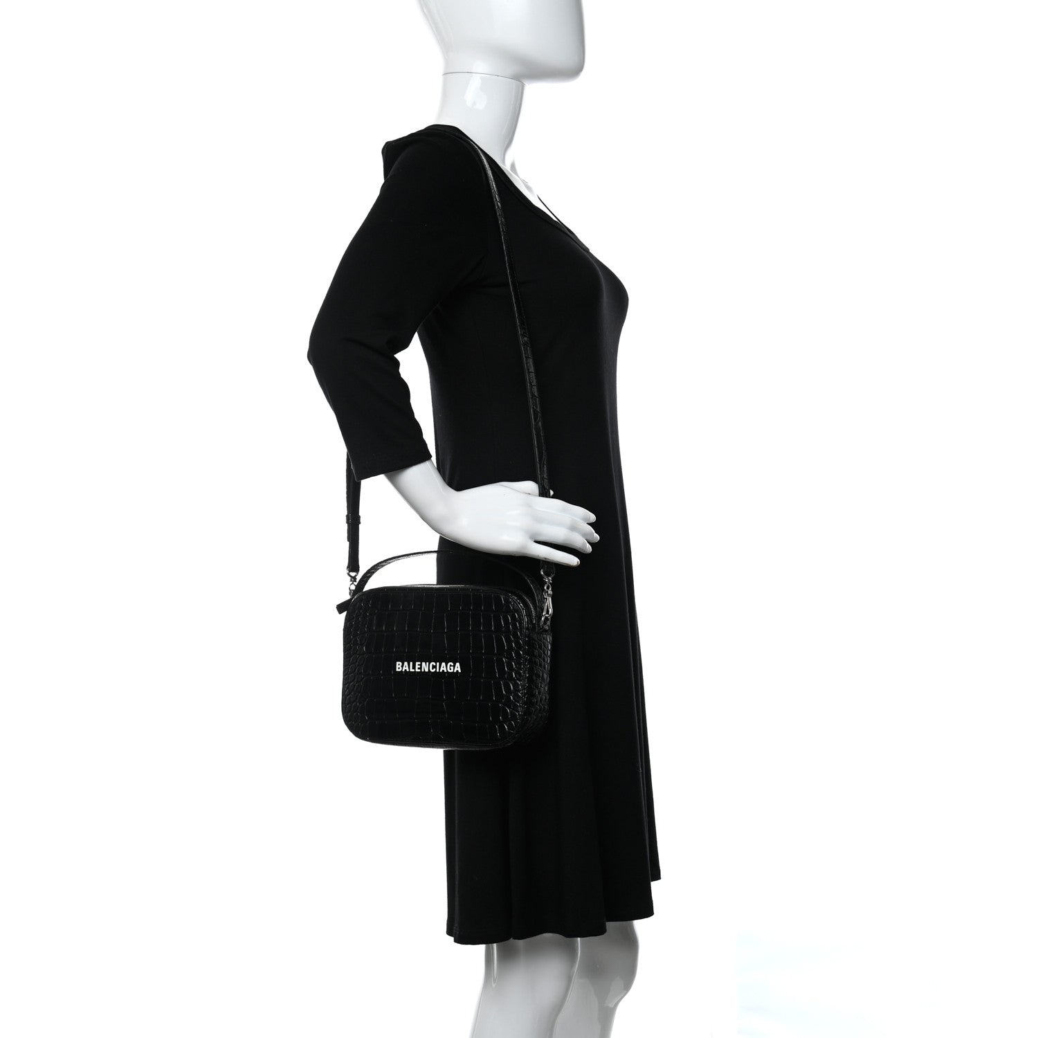 Balenciaga Shiny Calfskin Logo Crocodile Embossed S Everyday Camera Bag with Handle Black 2 of 8