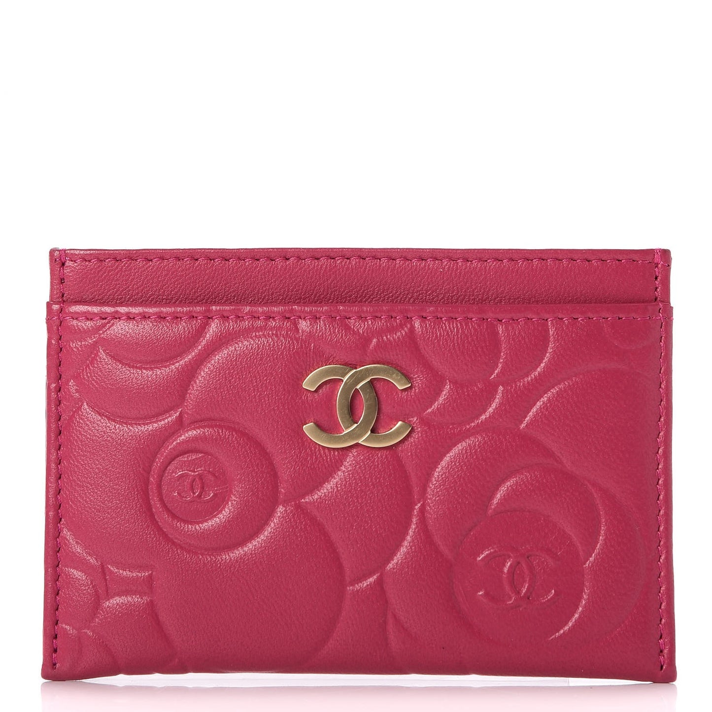 Lambskin Camellia Embossed Card Holder Fuchsia