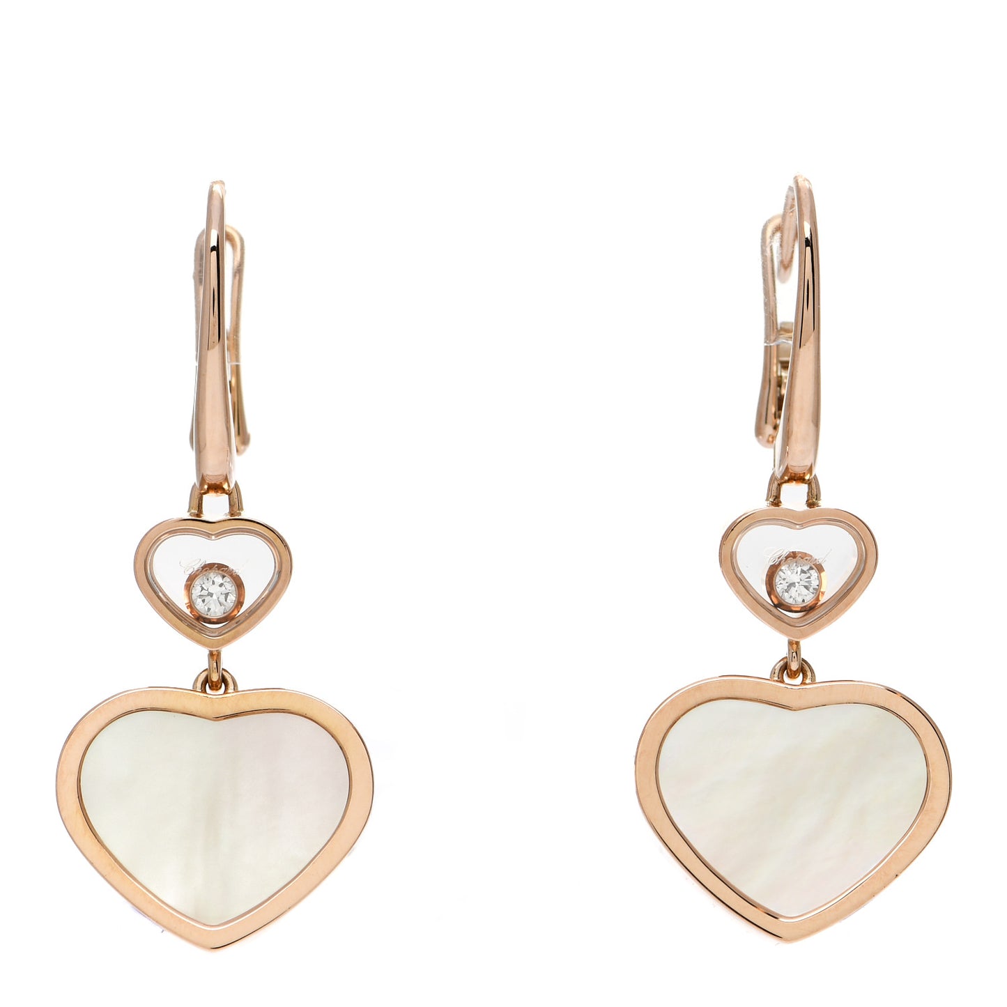 18K Rose Gold Diamond Mother of Pearl Floating Happy Diamonds Hearts Earrings