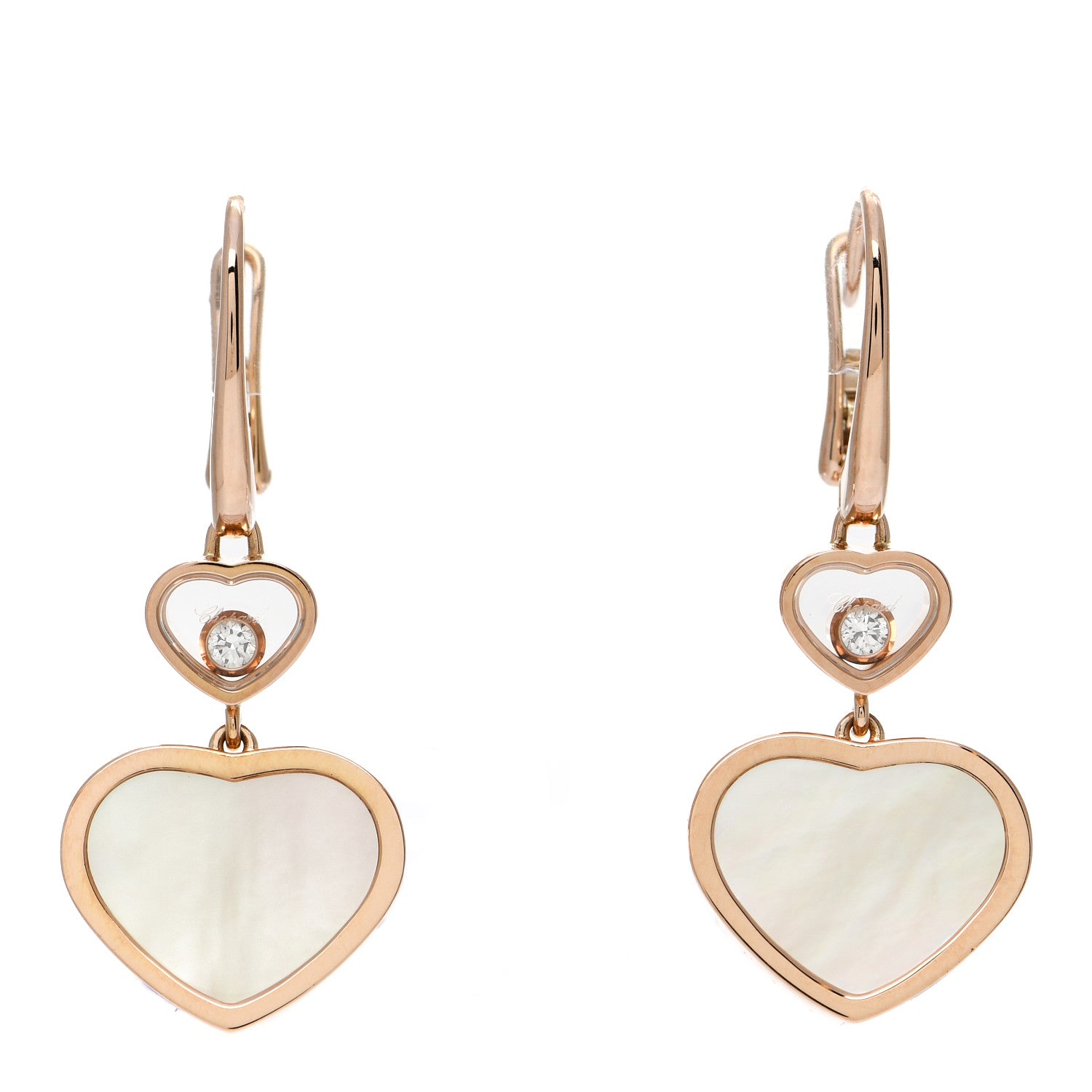 Chopard 18K Rose Gold Diamond Mother of Pearl Floating Happy Diamonds Hearts Earrings 1 of 5