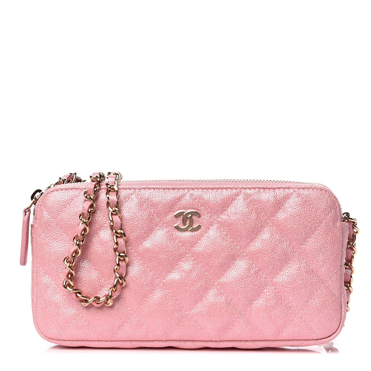 Iridescent Caviar Quilted Small Clutch With Chain Pink