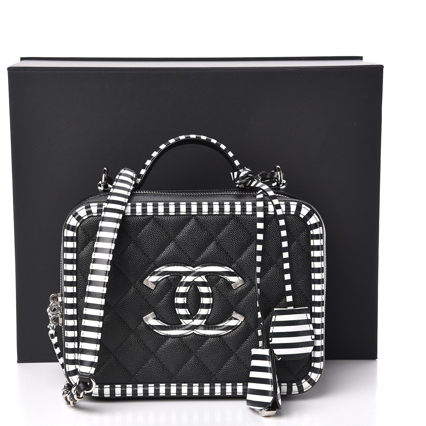 Caviar Quilted Striped Medium CC Filigree Vanity Case Black White