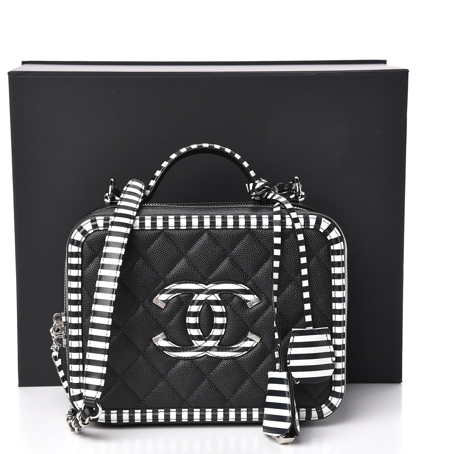 Chanel Caviar Quilted Striped Medium CC Filigree Vanity Case Black White 11 of 11