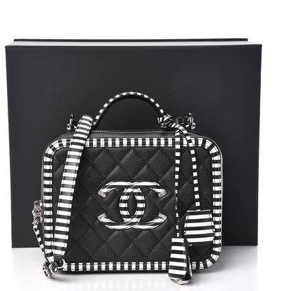 Chanel Caviar Quilted Striped Medium CC Filigree Vanity Case Black White 11 of 11