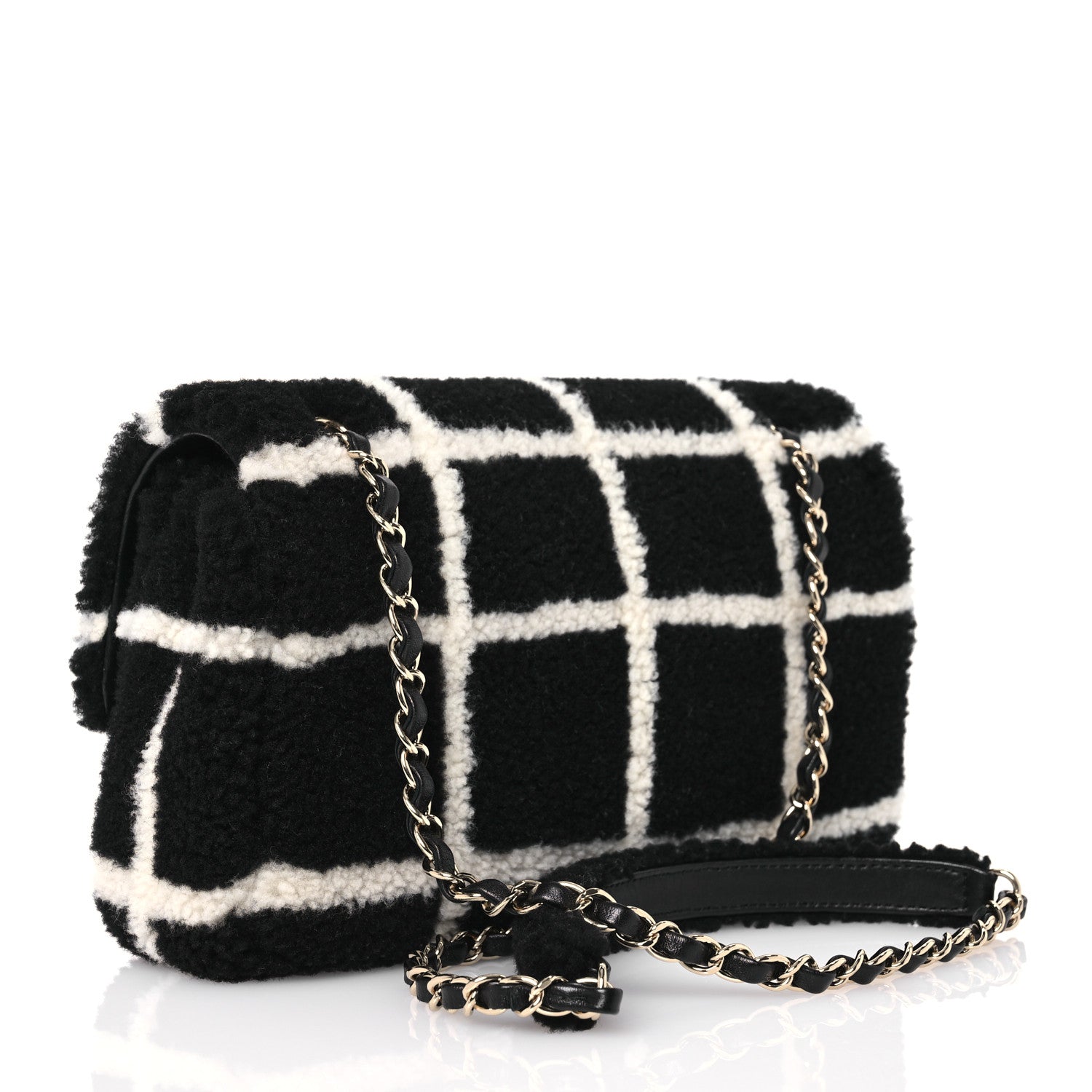 Chanel Shearling Lambskin Large Fluffy Tartan Single Flap Black White 2 of 13