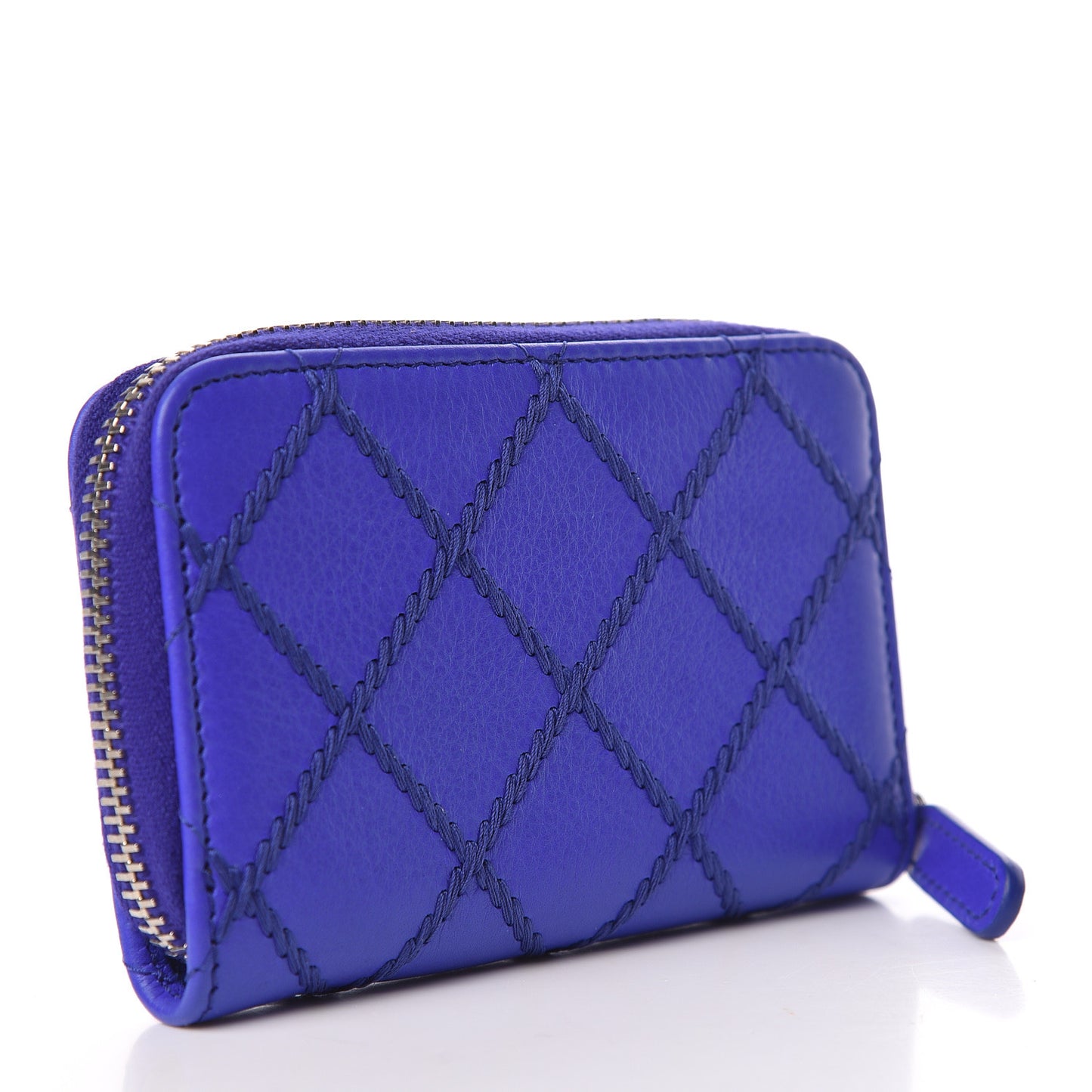 Calfskin Stitched Fancy CC Zip Coin Purse Blue