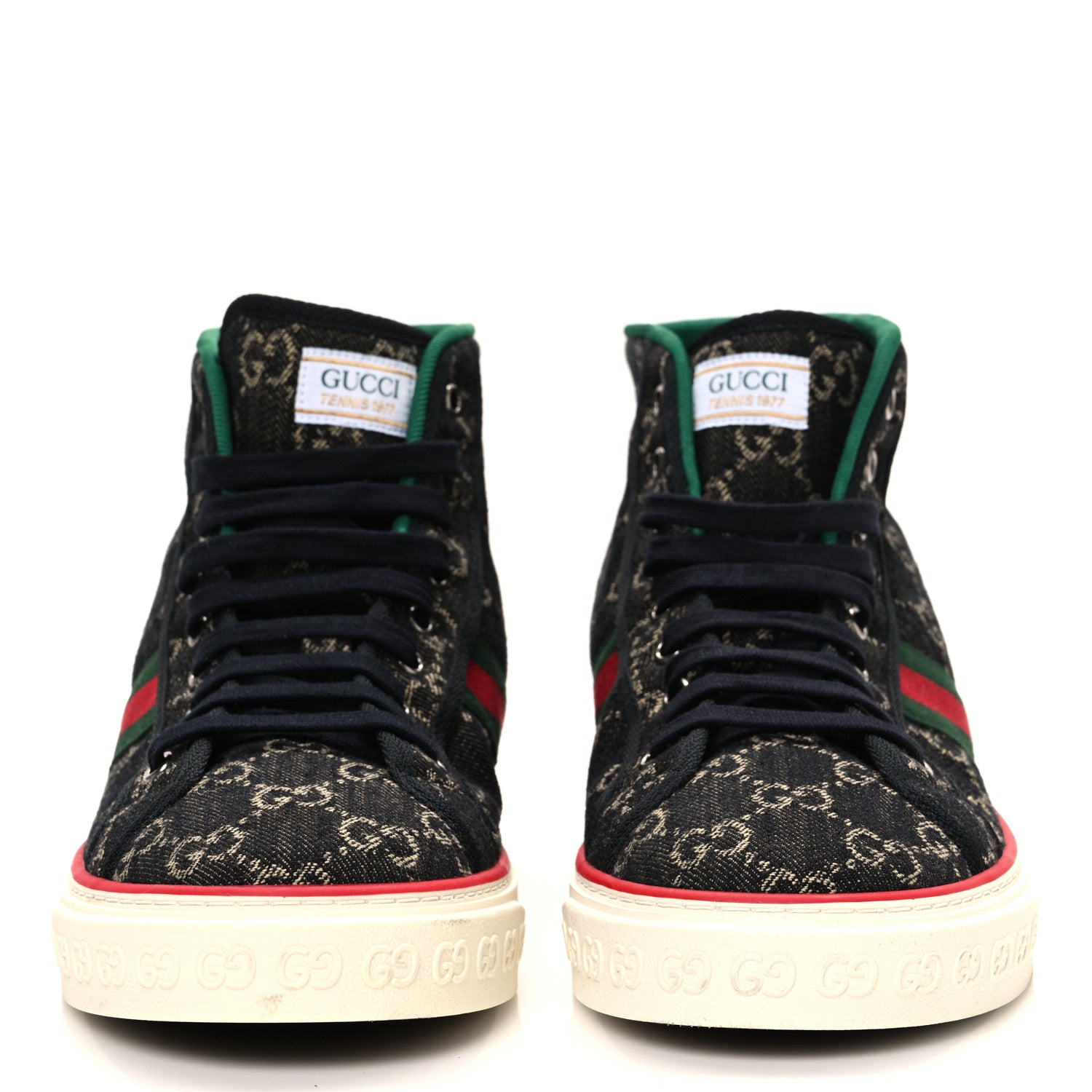 Gucci New Denim GG Monogram Web Mens 1977 Tennis High Top Sneakers