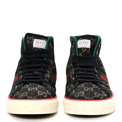 Gucci New Denim GG Monogram Web Mens 1977 Tennis High Top Sneakers 10 Black Ivory 3 of 10