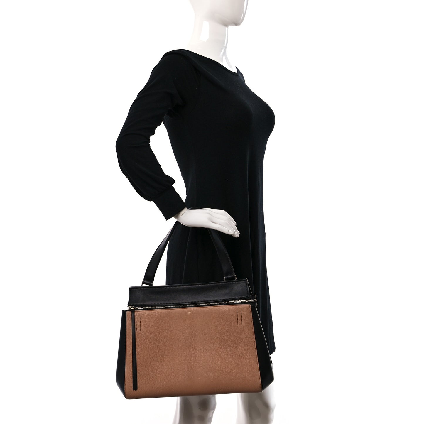 Supple Calfskin Large Bi-Color Edge Shoulder Bag Beige