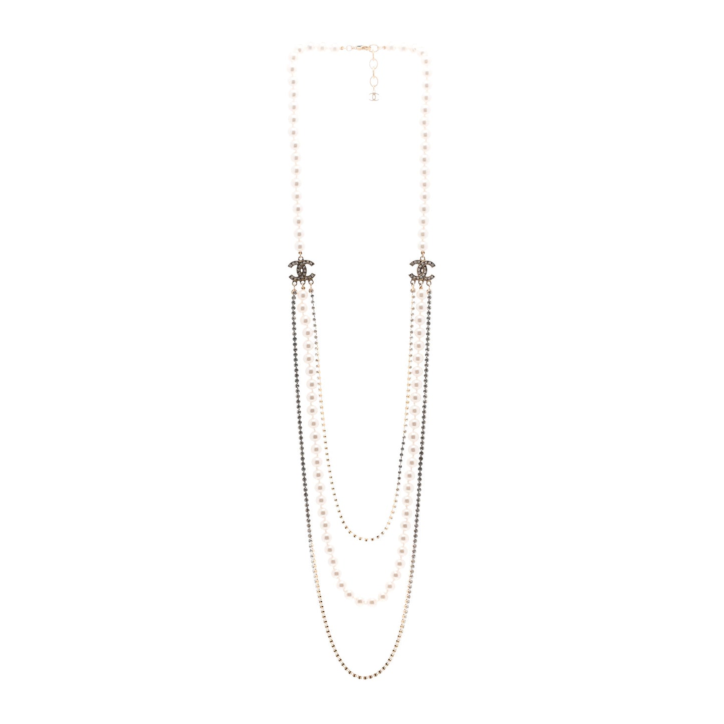 Pearl Crystal Multi Strand CC Long Necklace Gold