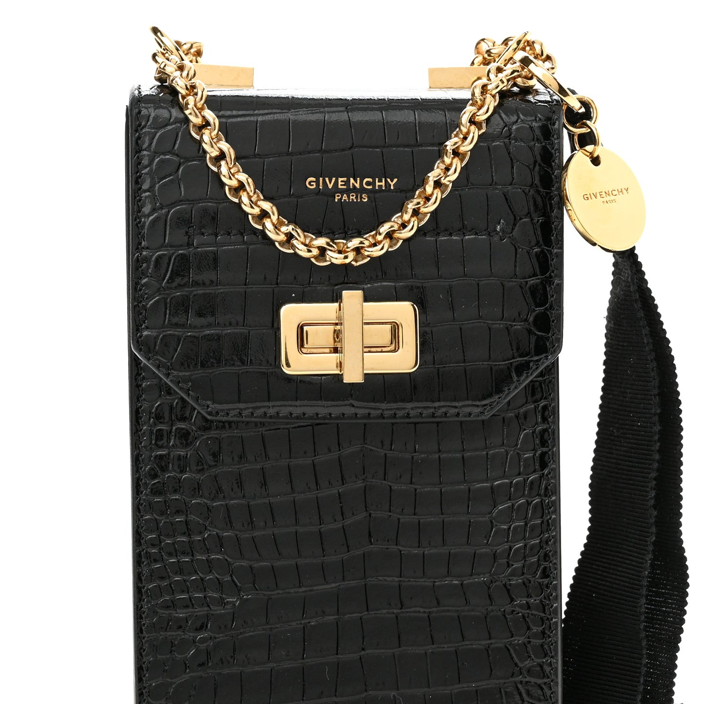 Calfskin Crocodile Embossed Mini Phone Crossbody Bag Black