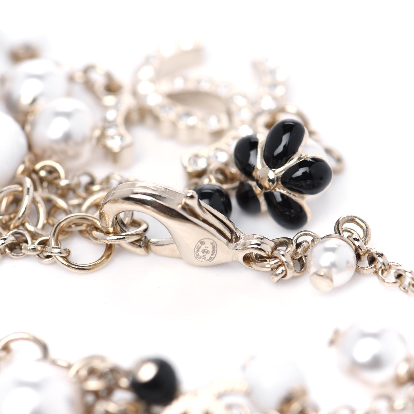 Pearl Crystal Bead CC Necklace Gold Black White