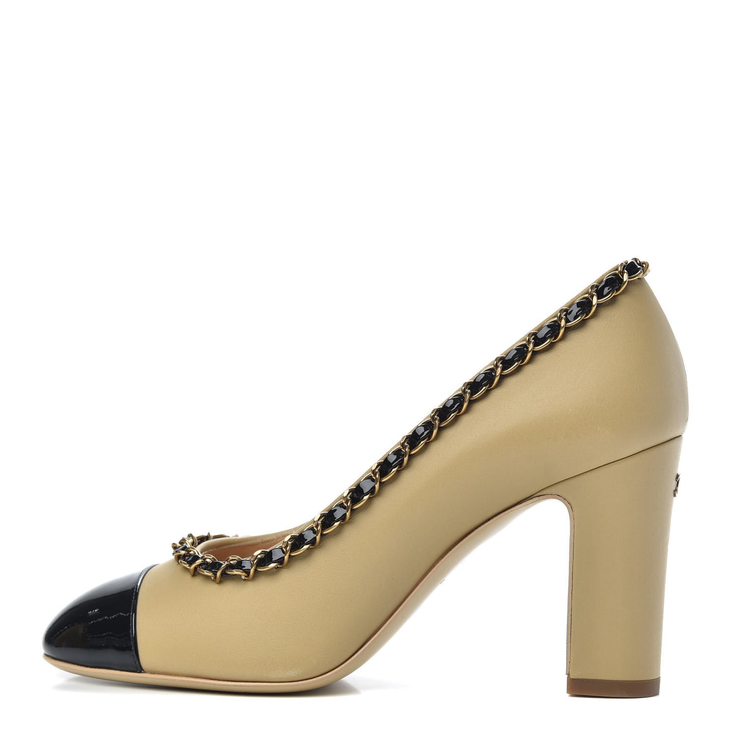 Calfskin Patent Calfskin Chain Cap Toe Pumps 36.5 Beige Black