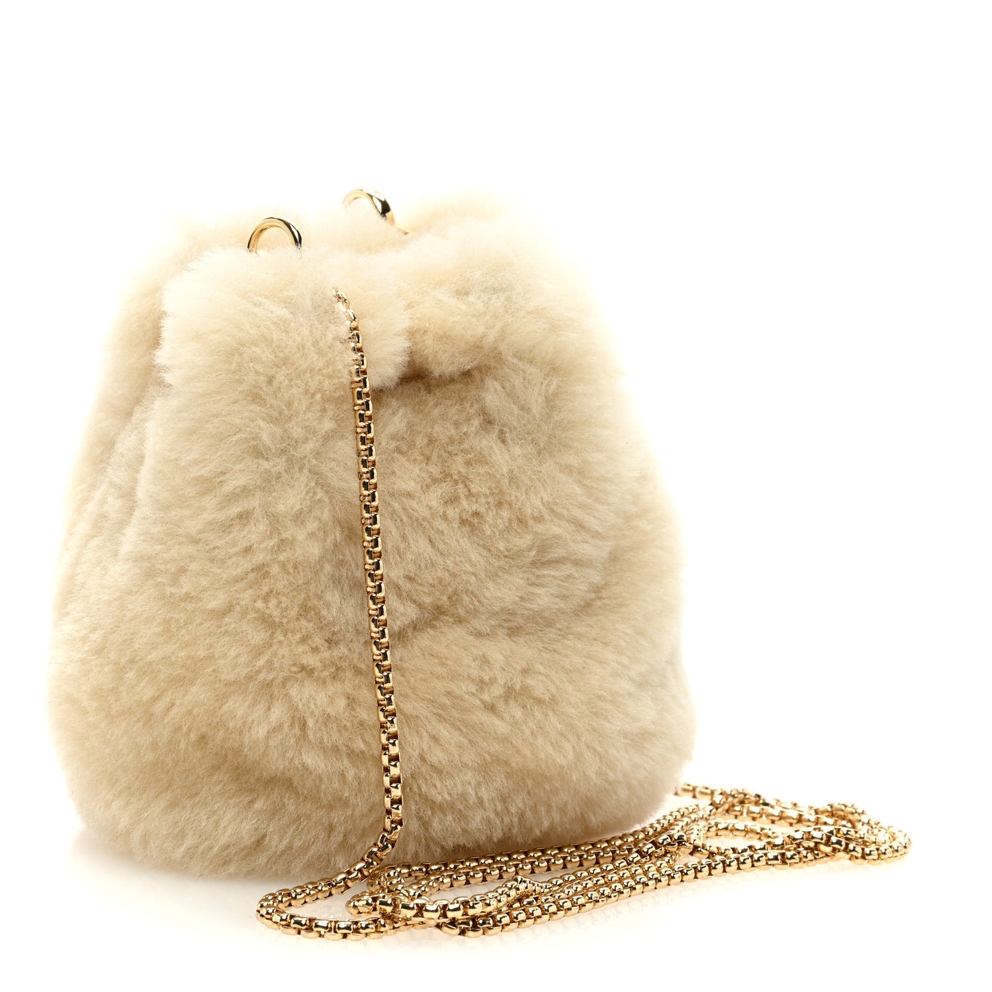 Shearling Metal Triangle Logo Mini Drawcord Pouch Shoulder Bag Ecru