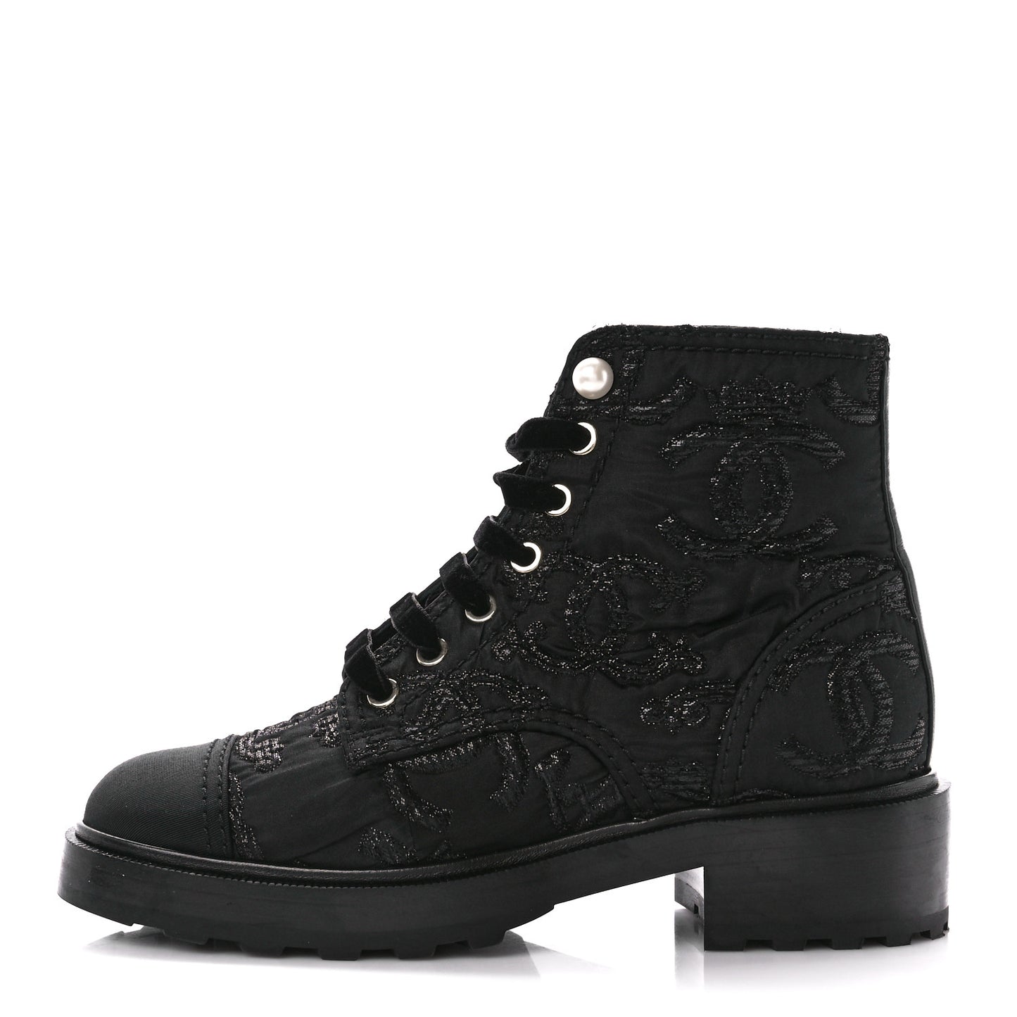 Grosgrain Pearl CC Combat Short Boots 38 Black