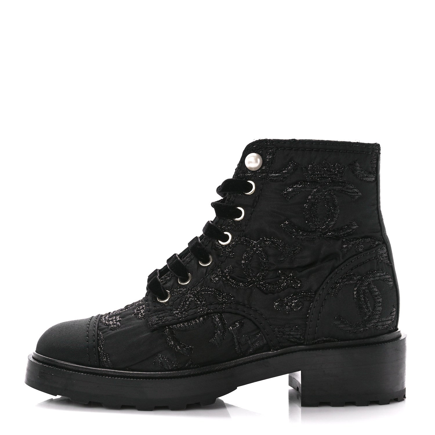 Chanel Grosgrain Pearl CC Combat Short Boots 38 Black 1 of 9
