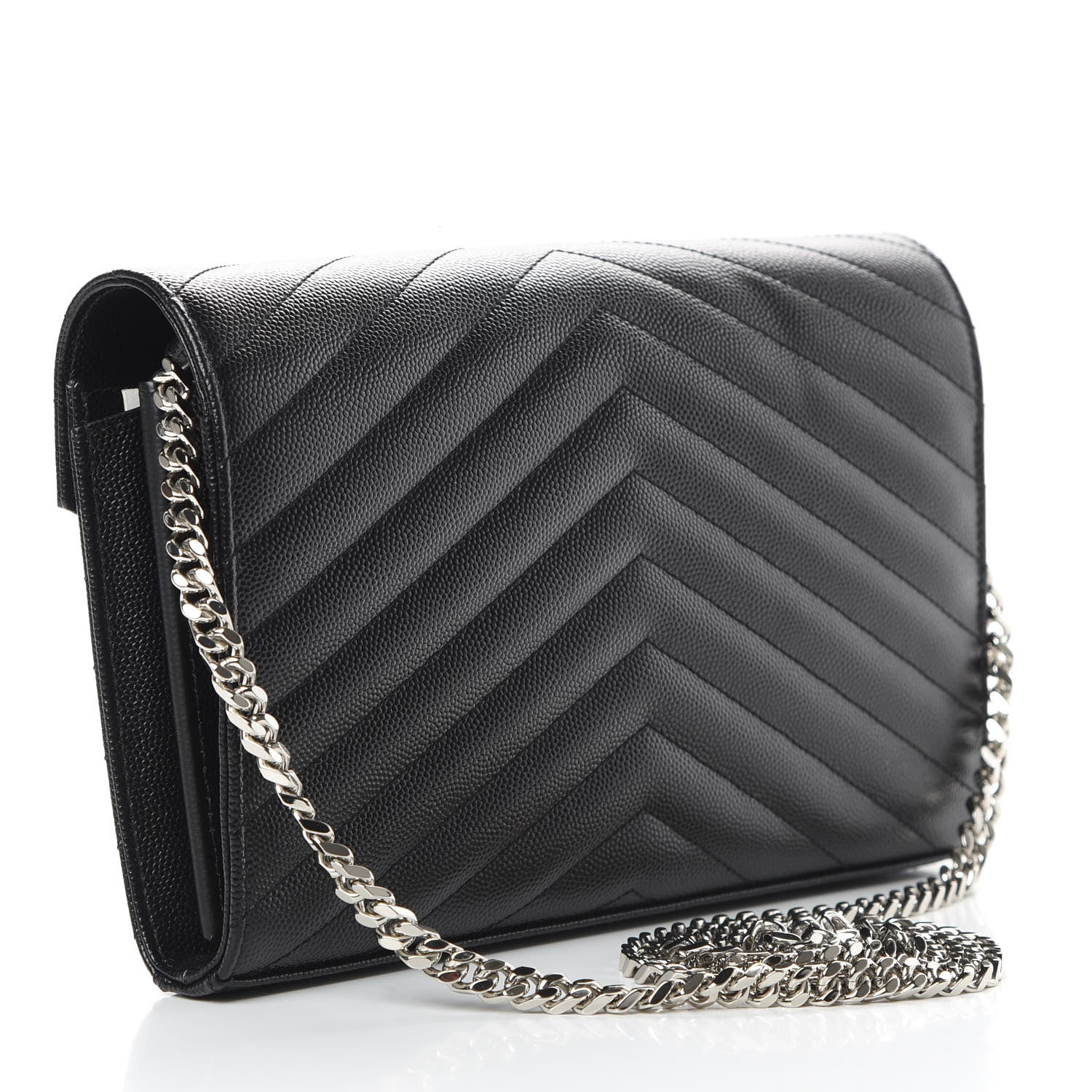 Saint Laurent Grain De Poudre Matelasse Chevron Monogram Chain Wallet Black 3 of 12