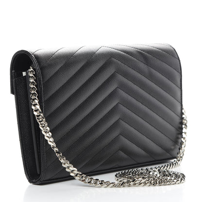 Saint Laurent Grain De Poudre Matelasse Chevron Monogram Chain Wallet Black 3 of 12