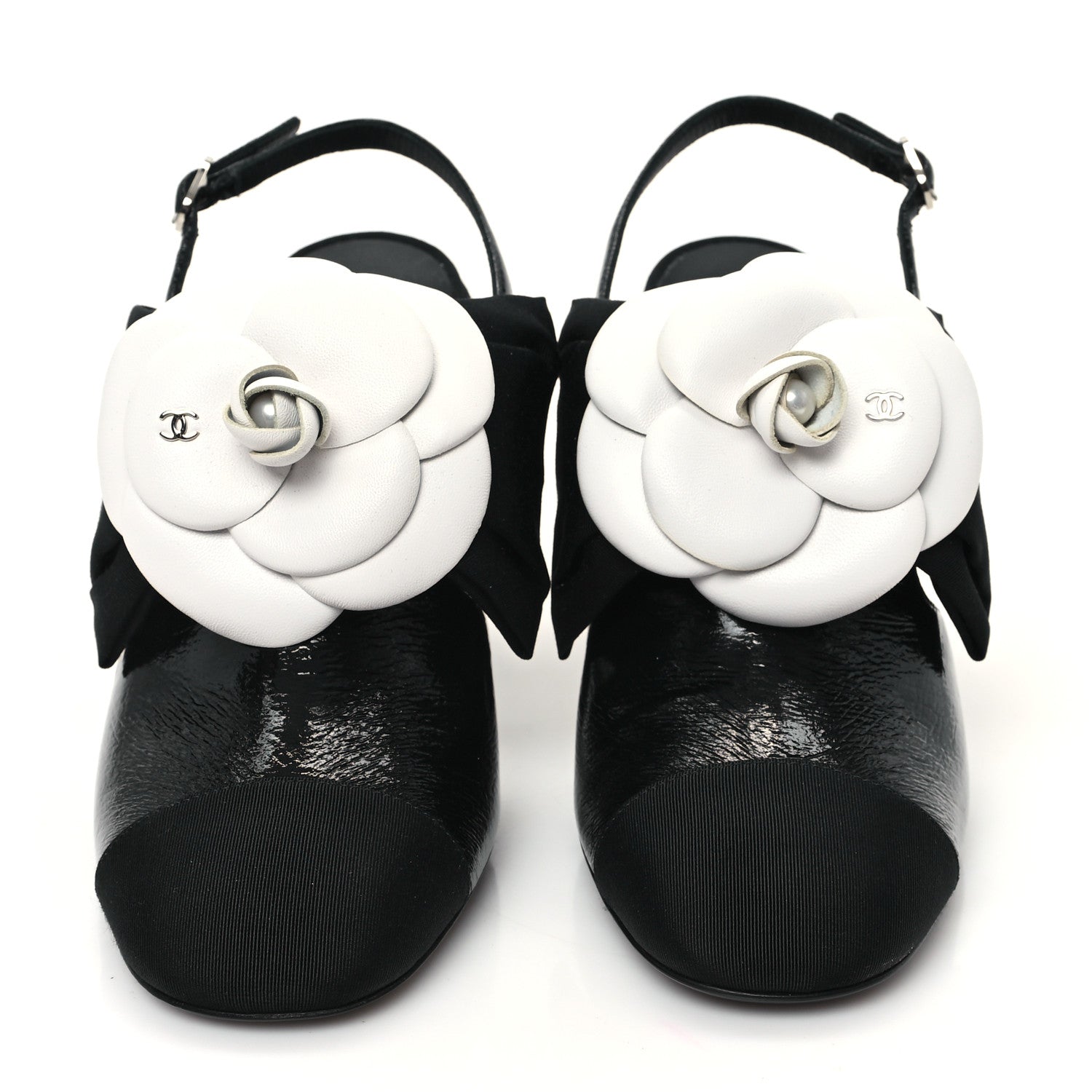 Chanel Crumpled Shiny Fabric Grosgrain Cap Toe Camellia Bow Slingback Pumps 38 Black 3 of 10