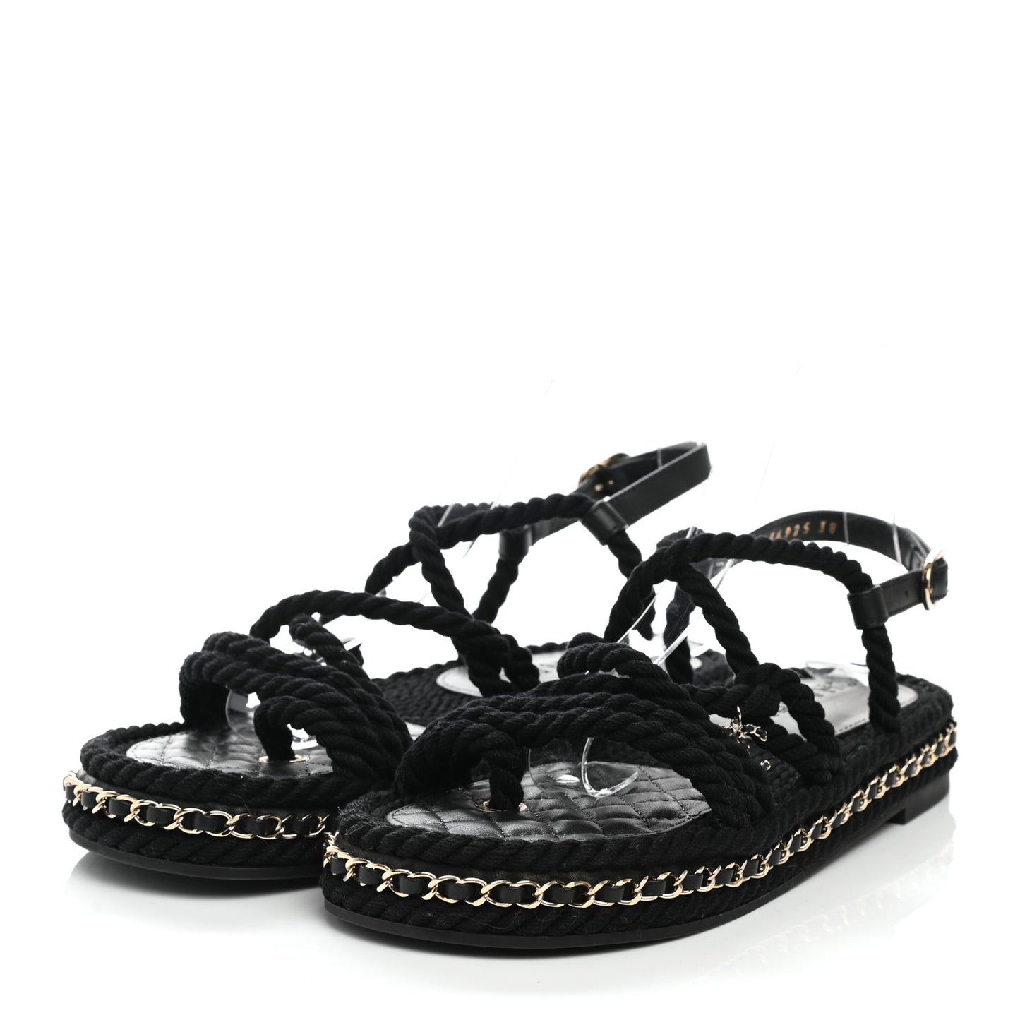 Lambskin Cord Chain CC Sandals 38 Black