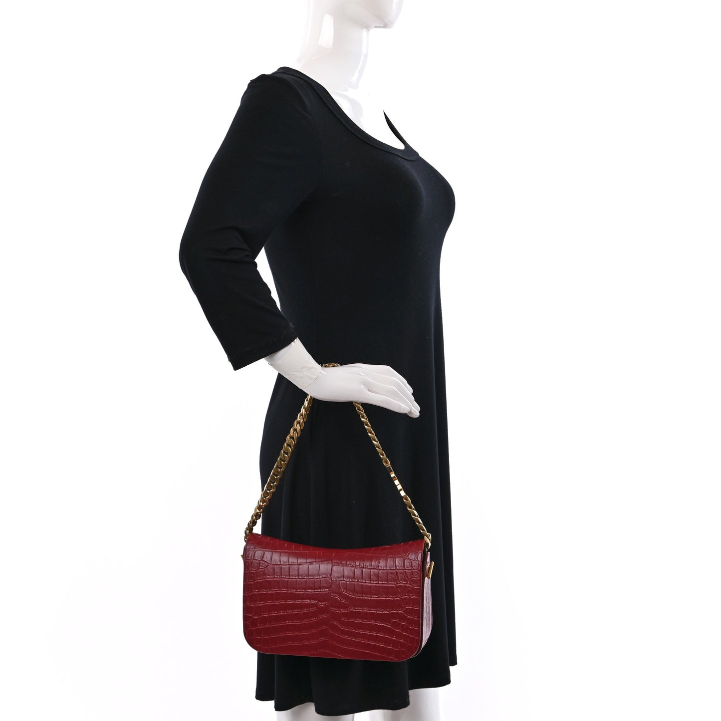 Calfskin Crocodile Embossed Elise Chain Shoulder Bag Red