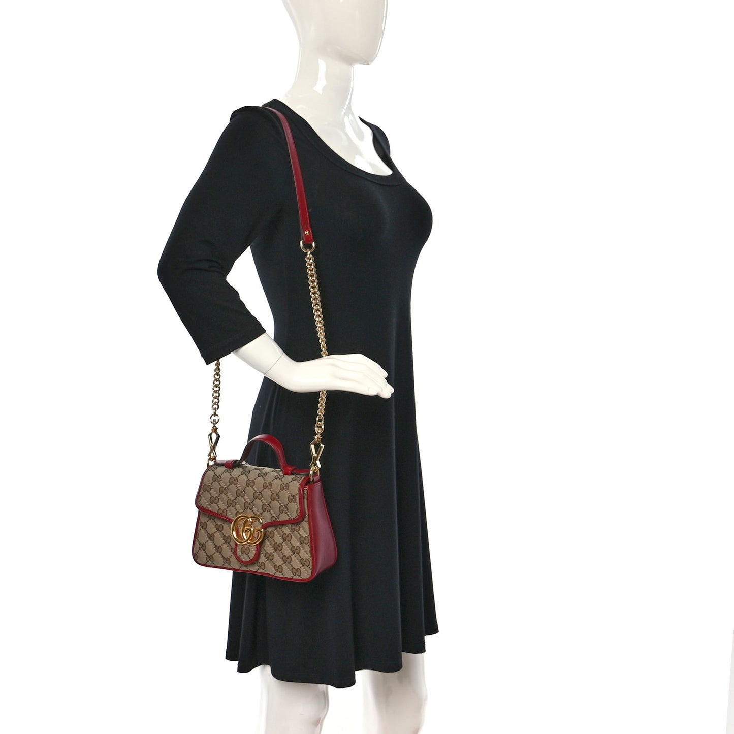 Monogram Glazed Calfskin Matelasse Diagonal Mini GG Marmont Top Handle Shoulder Bag Beige Ebony New Cherry Red