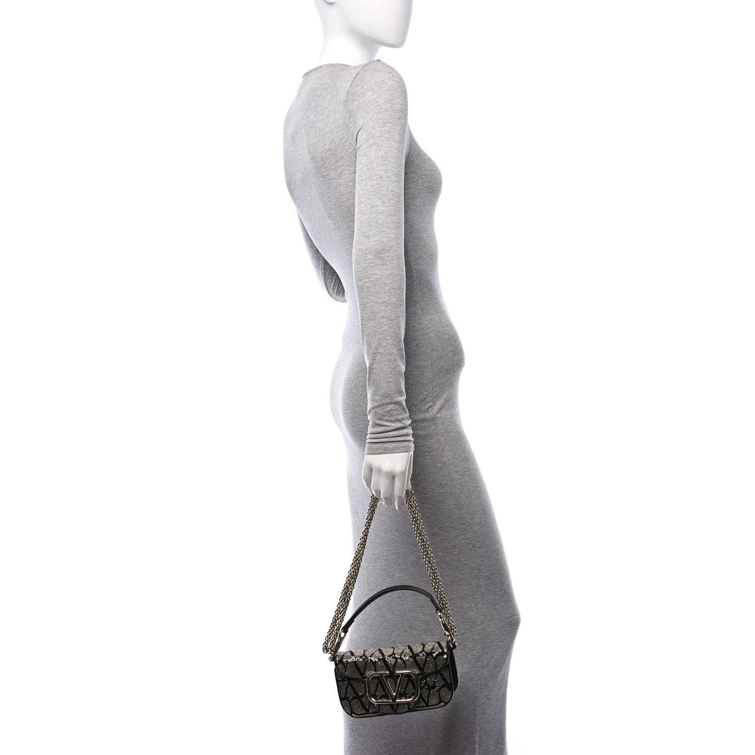 Valentino Garavani Sequins Toile Iconographe Calfskin Beaded Vlogo Small Loco Shoulder Bag Argento Black Fondant 3 of 9