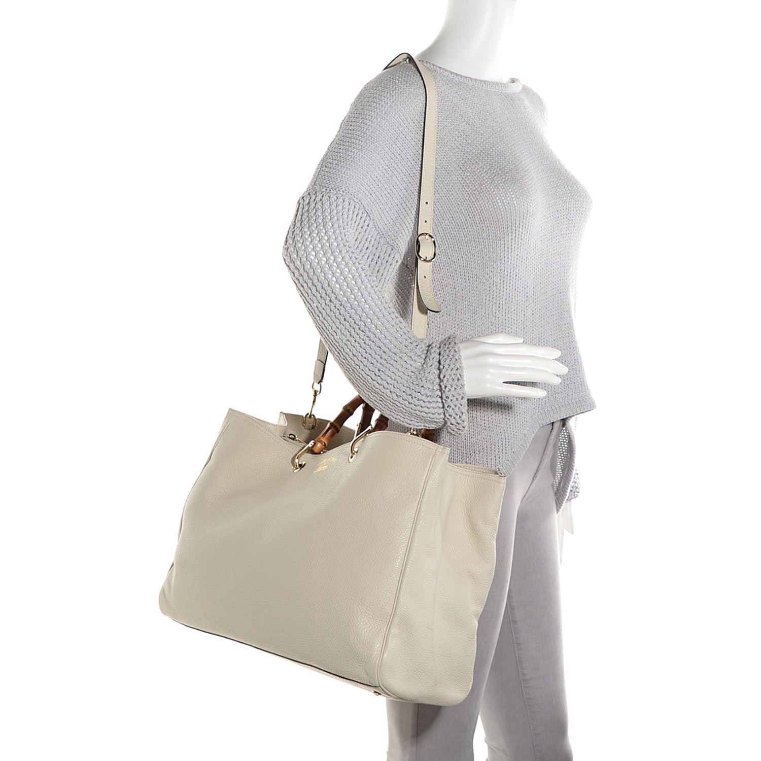 Gucci Calfskin Large Bamboo Shopper Tote Off White 2 of 7