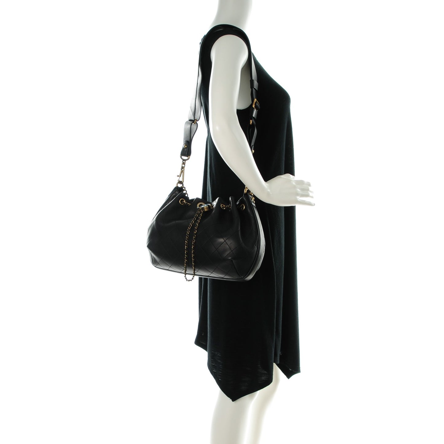Calfskin Stitched Medium Drawstring CC Bag Black